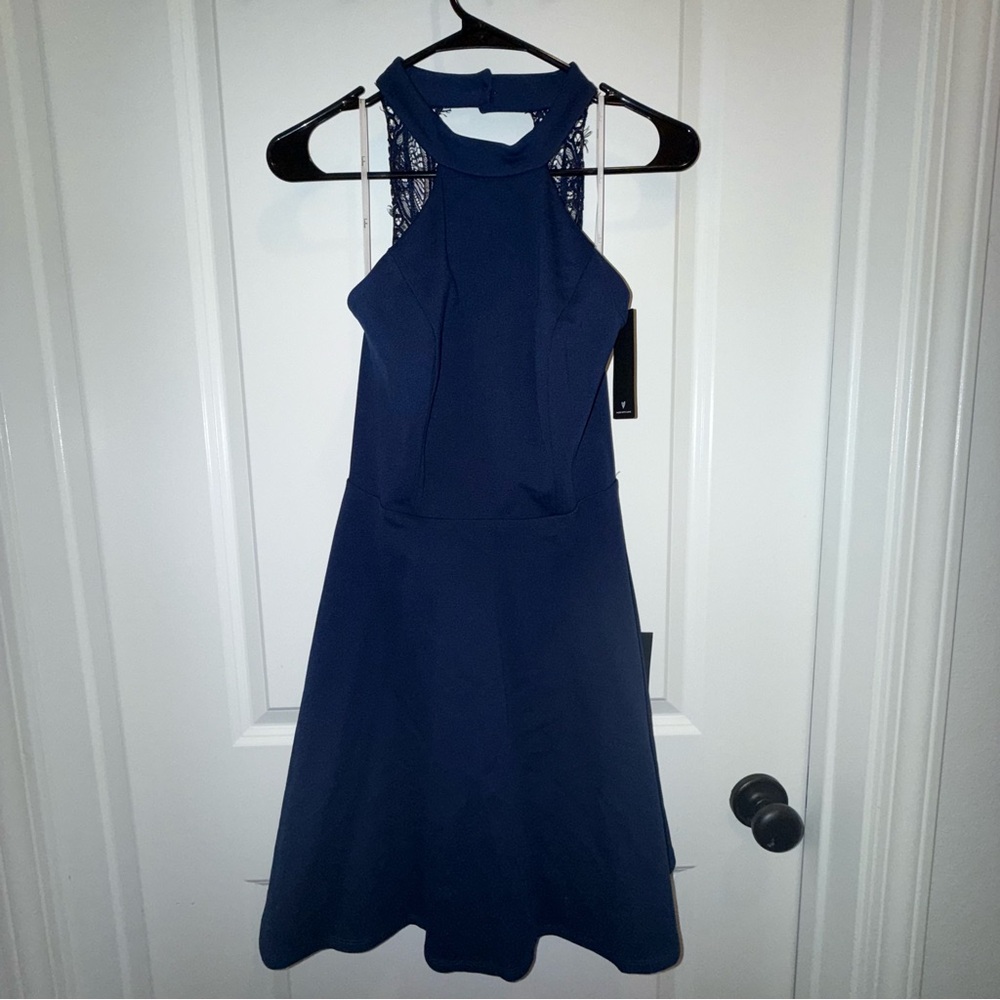 Lulus | Navy Blue Lace Halter A-Line Dress | Medium Size | NWT